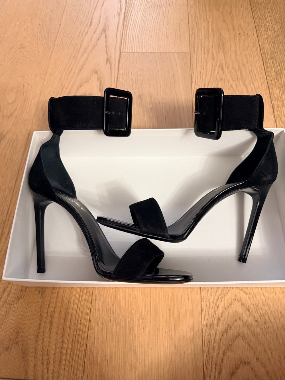 Saint Laurent S40 Black Suede Ankle-Strap Stiletto Sandals